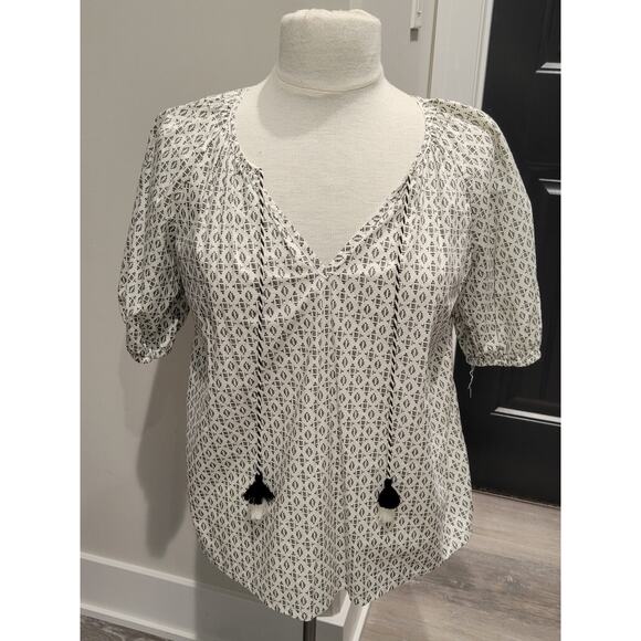 A New Day White Black Geometric Print Boho Peasant Top Tassels Cotton Small - Picture 1 of 12